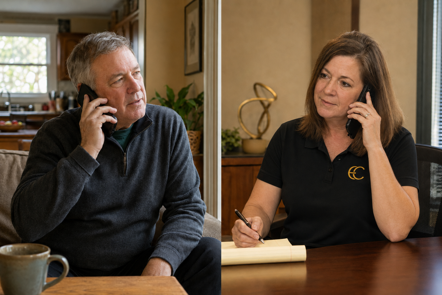 A caring Estate Closeouts professional listening during a phone consultation